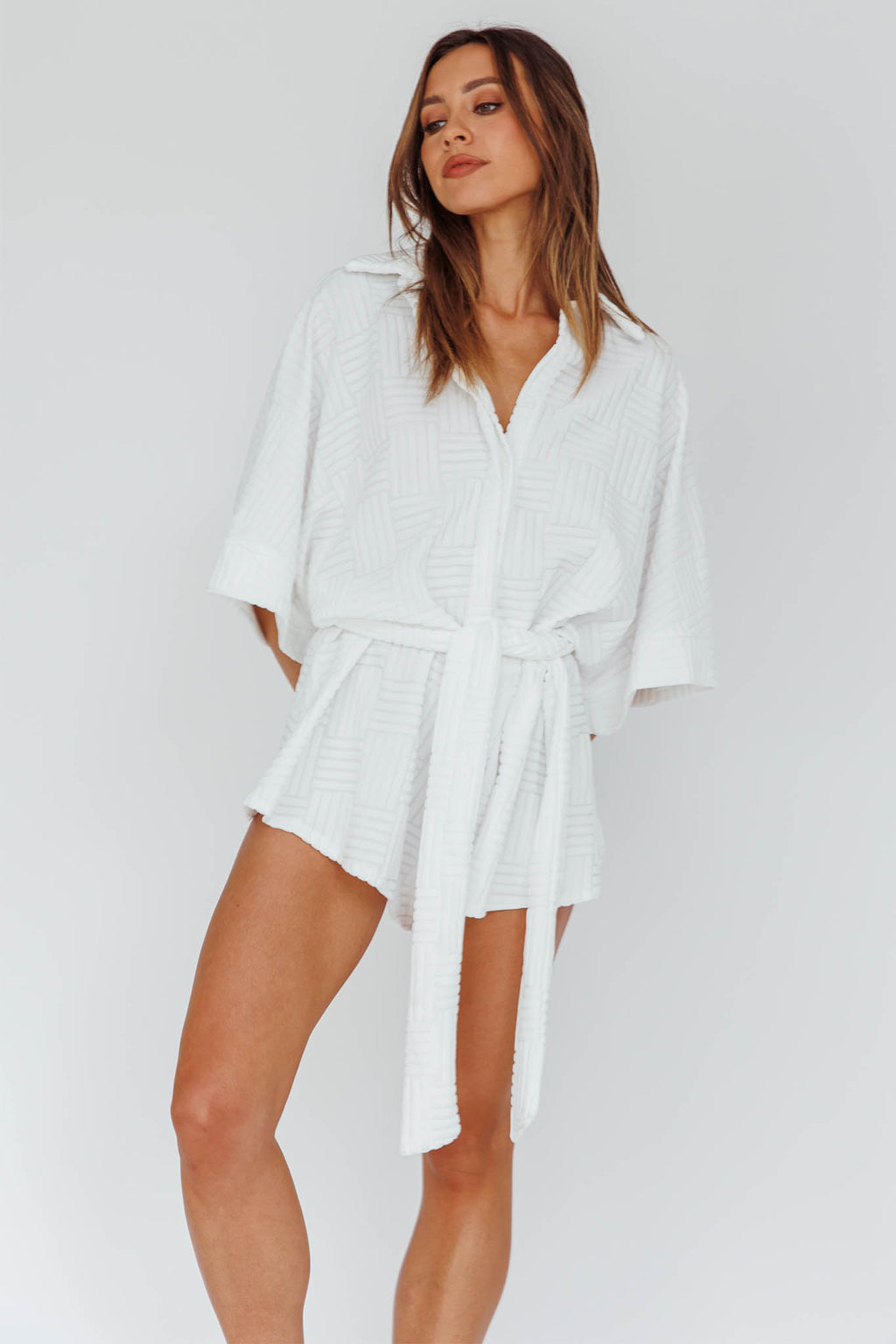 Talking Point Long Sleeve Shirt Romper Textured White by Selfie Leslie