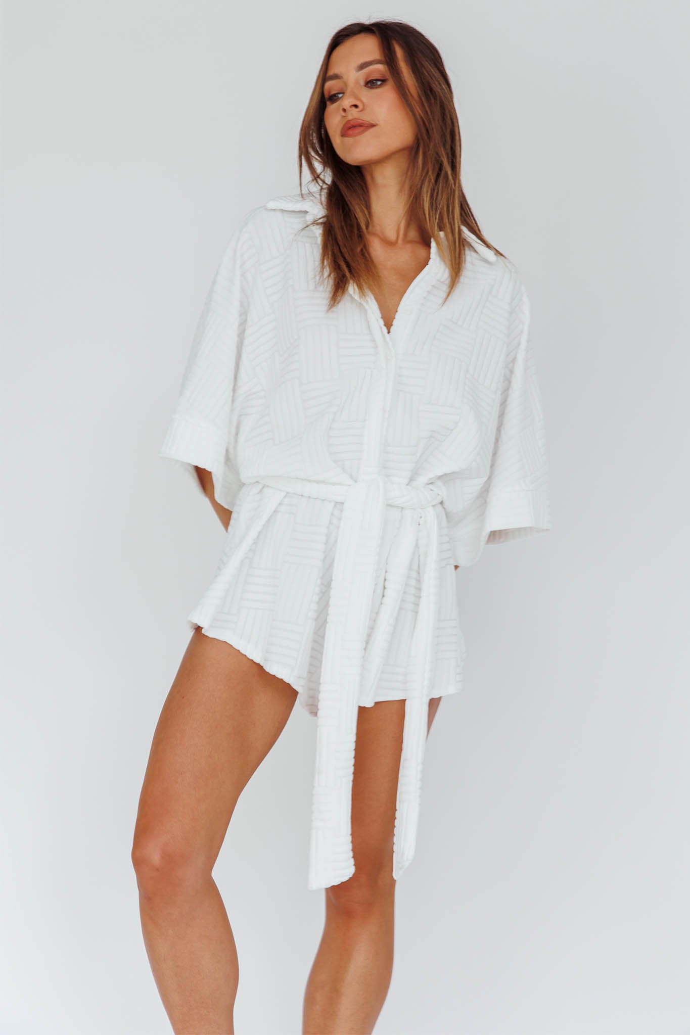 Talking Point Long Sleeve Shirt Romper Textured White by Selfie Leslie
