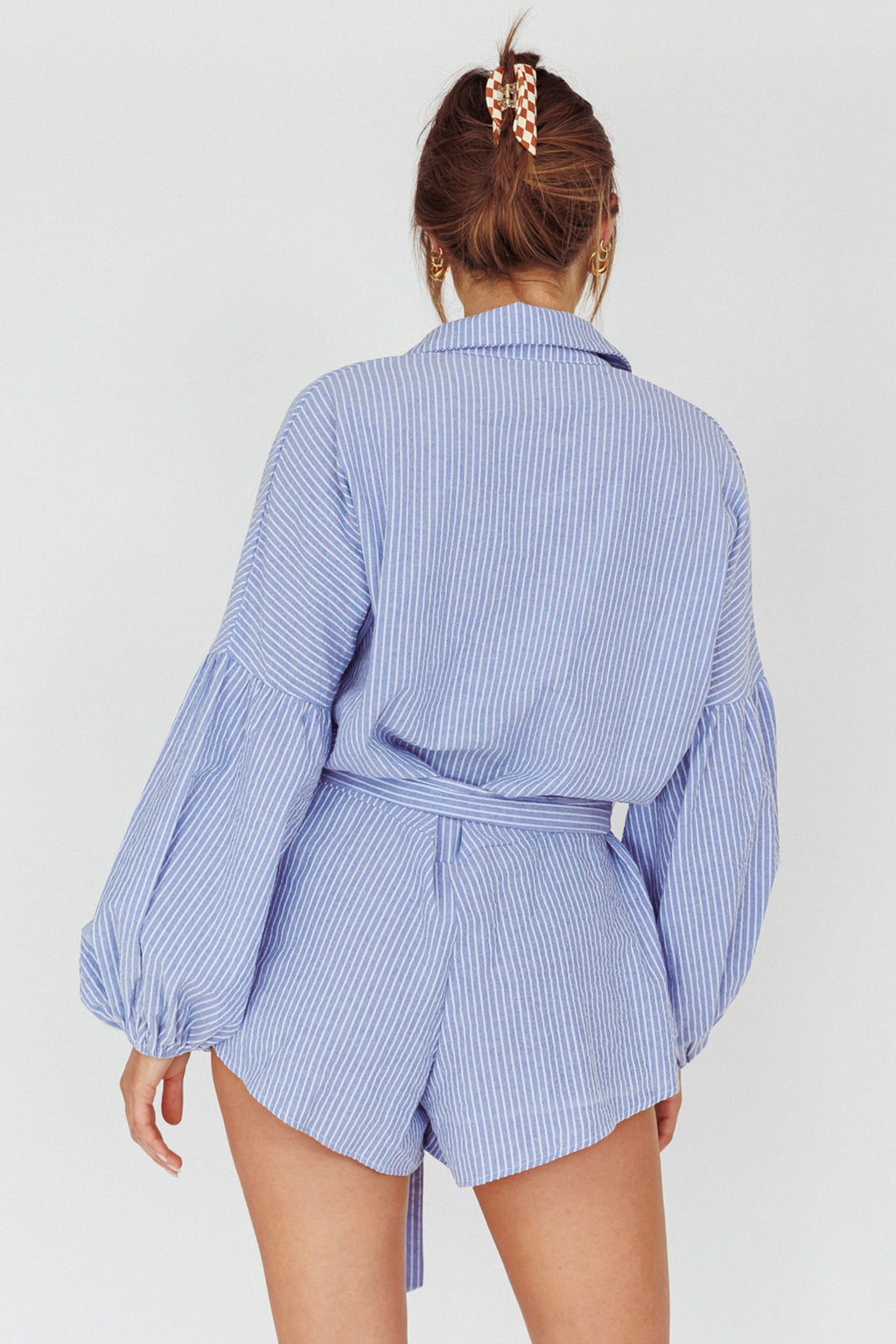 Daytona Beach Long Sleeve Shirt Romper Blue Stripe by Selfie Leslie
