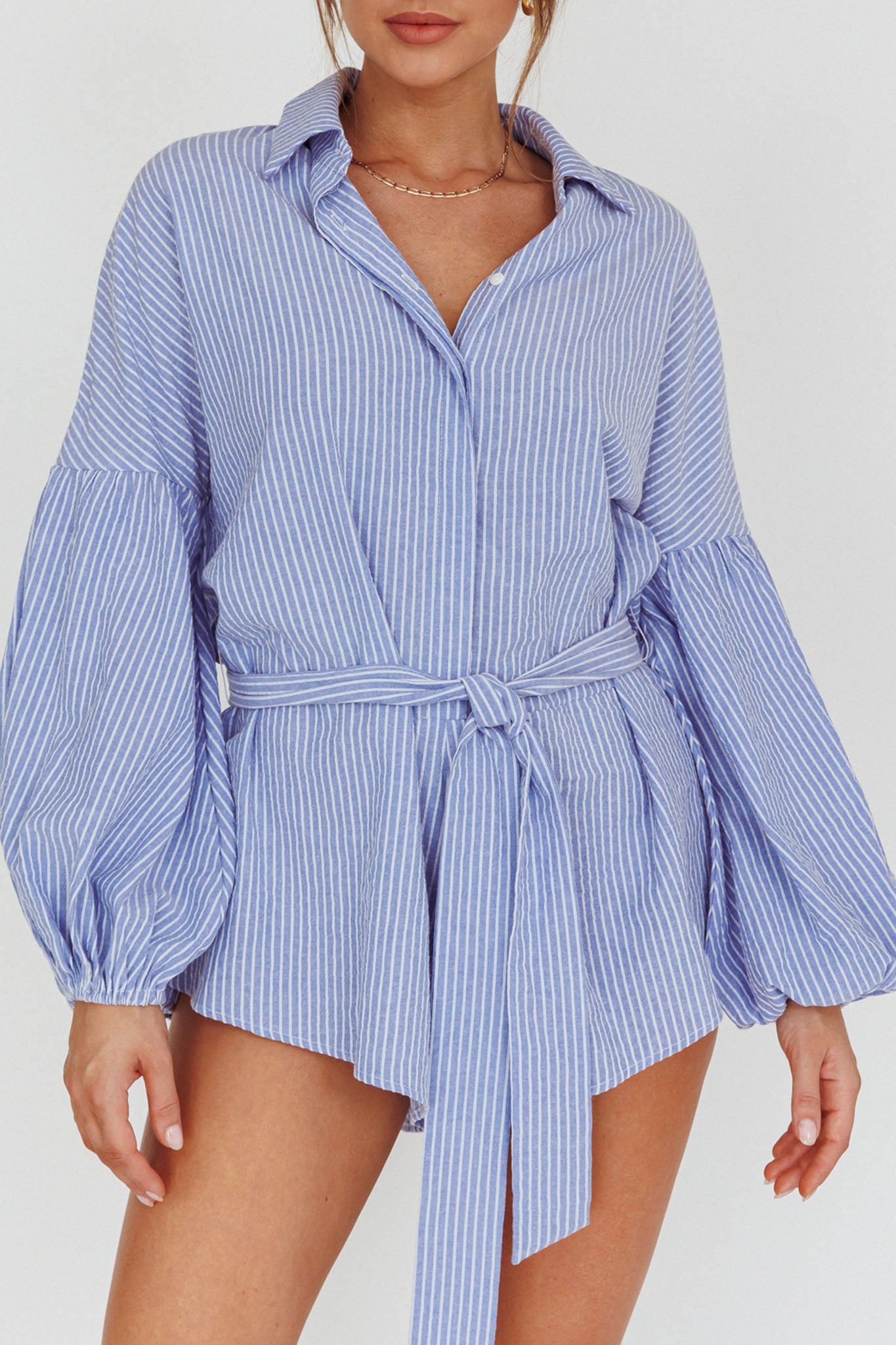 Daytona Beach Long Sleeve Shirt Romper Blue Stripe by Selfie Leslie