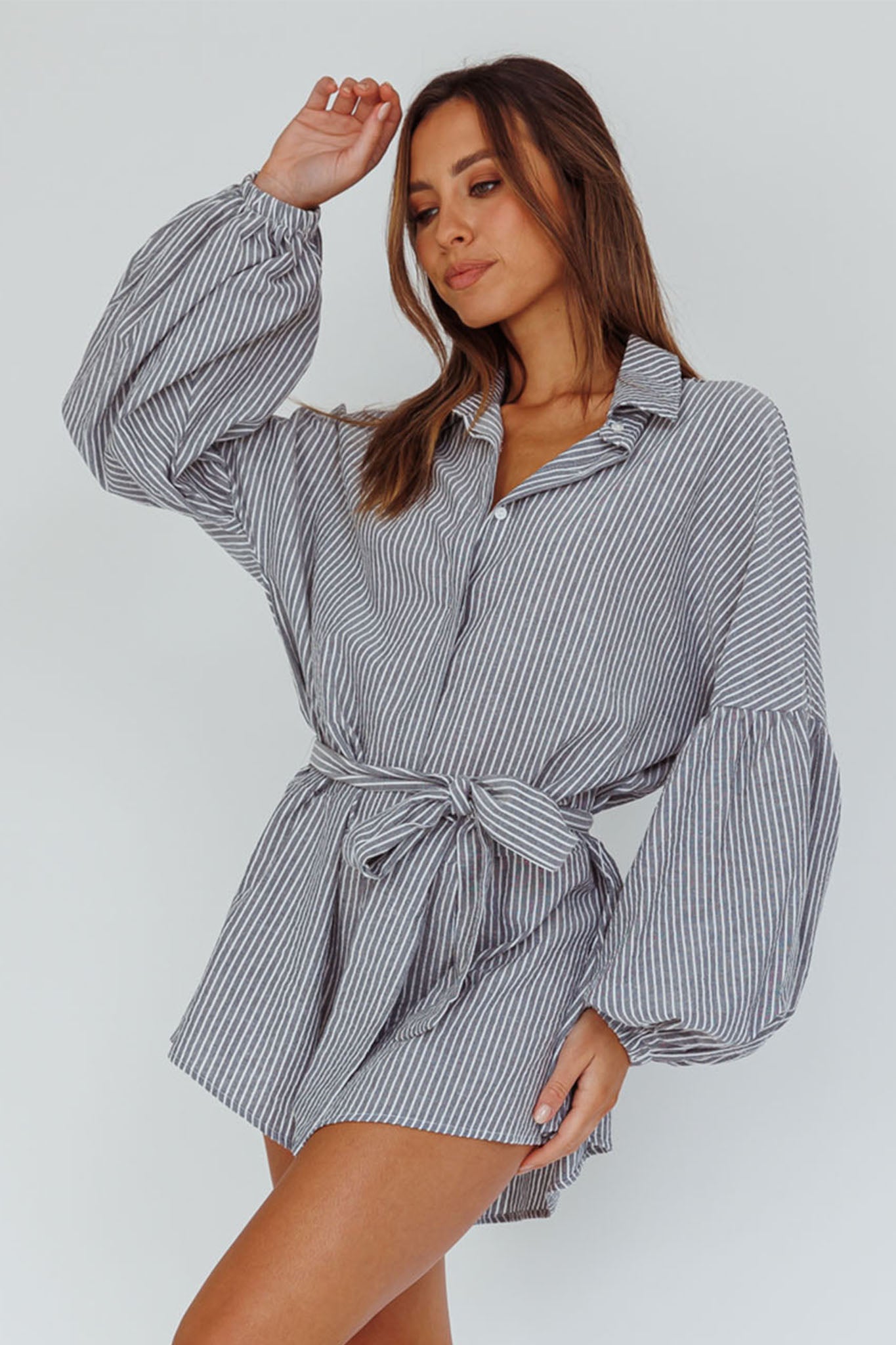 Talking Point Long Sleeve Shirt Romper Pinstripe by Selfie Leslie