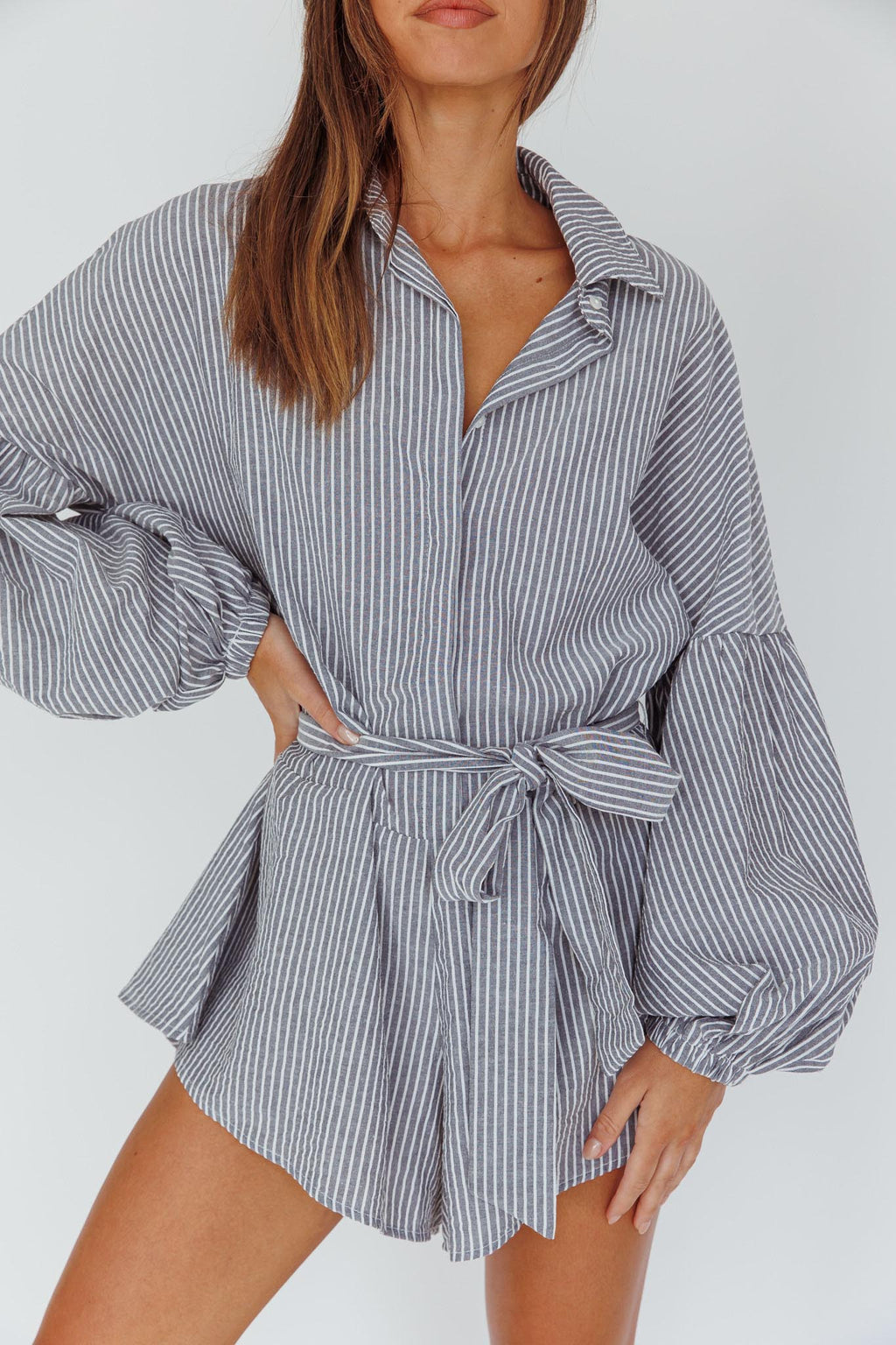 Talking Point Long Sleeve Shirt Romper Pinstripe by Selfie Leslie