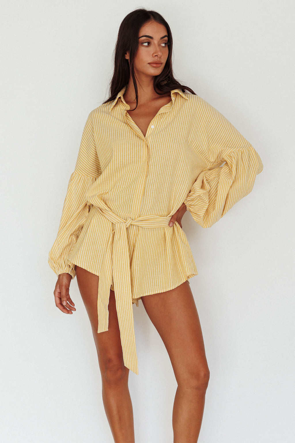 Talking Point Long Sleeve Shirt Romper Yellow Stripe by Selfie Leslie