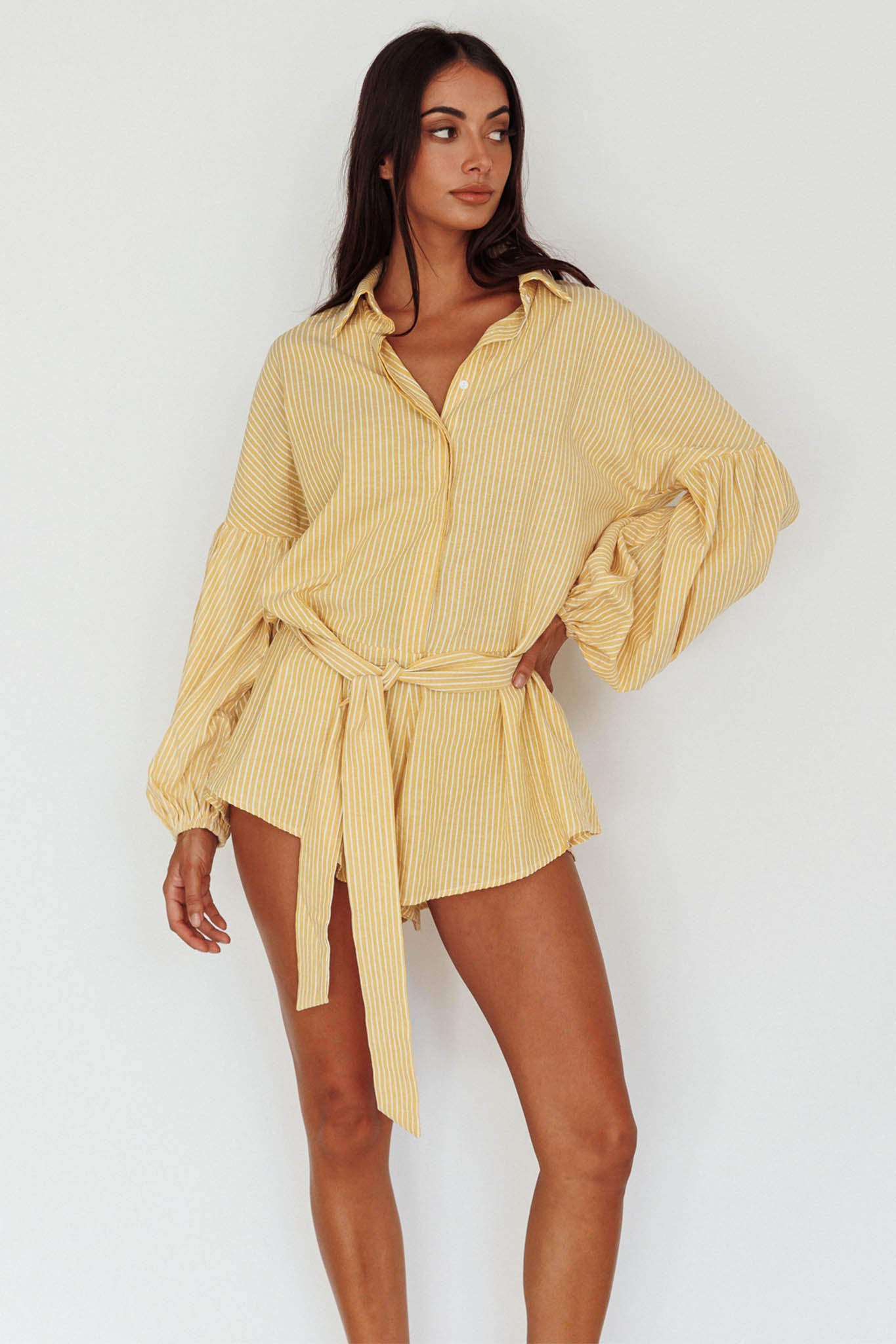Talking Point Long Sleeve Shirt Romper Yellow Stripe by Selfie Leslie