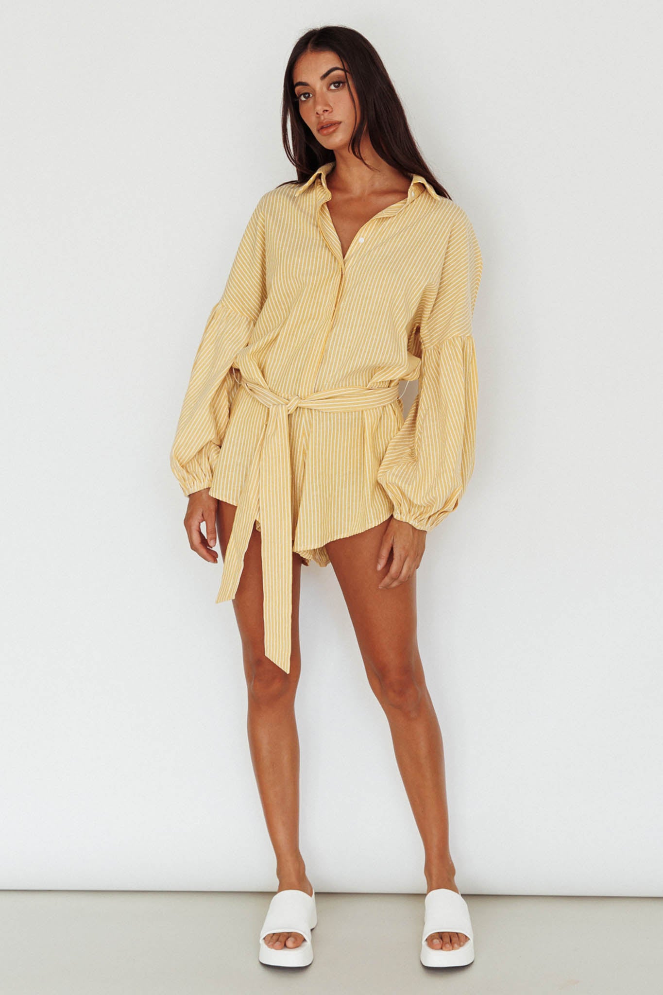 Talking Point Long Sleeve Shirt Romper Yellow Stripe by Selfie Leslie