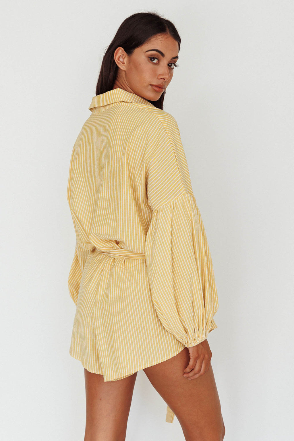 Talking Point Long Sleeve Shirt Romper Yellow Stripe by Selfie Leslie