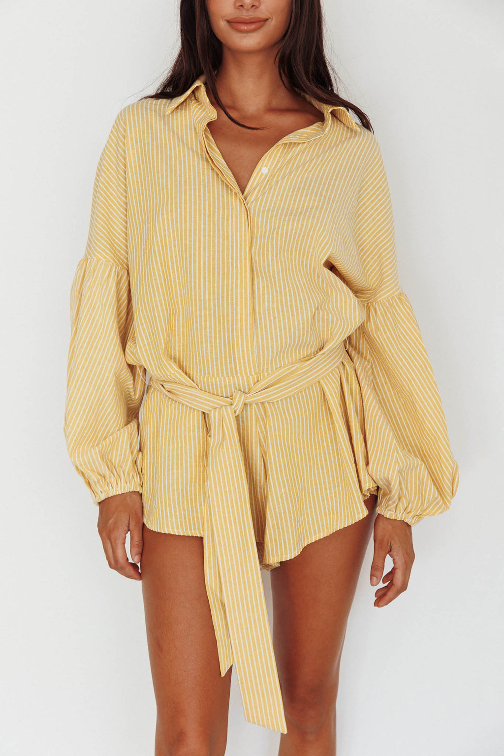 Talking Point Long Sleeve Shirt Romper Yellow Stripe by Selfie Leslie