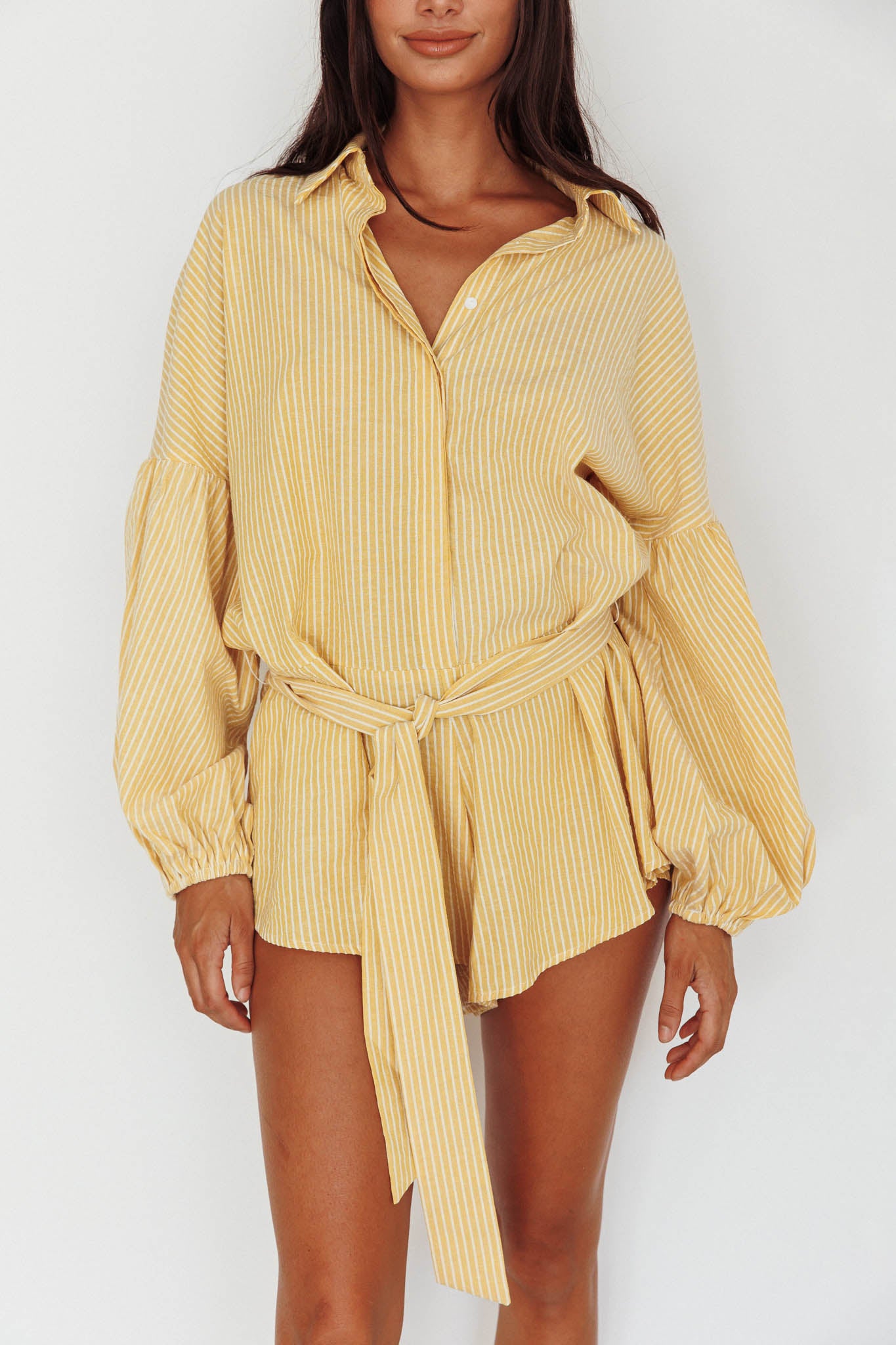Talking Point Long Sleeve Shirt Romper Yellow Stripe by Selfie Leslie