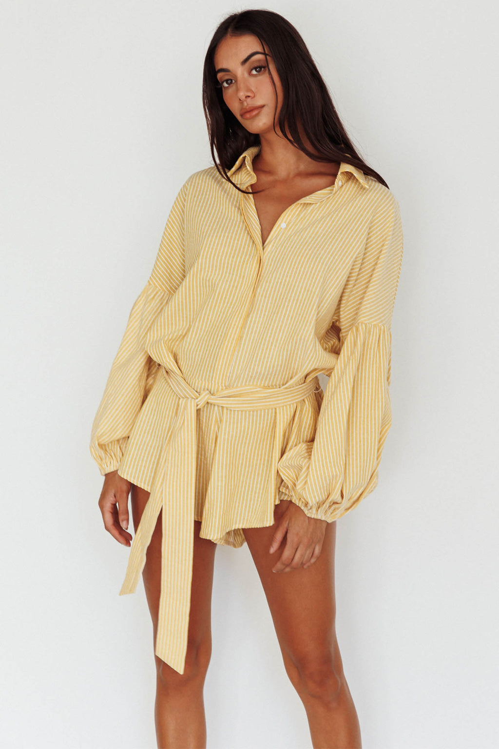Talking Point Long Sleeve Shirt Romper Yellow Stripe by Selfie Leslie