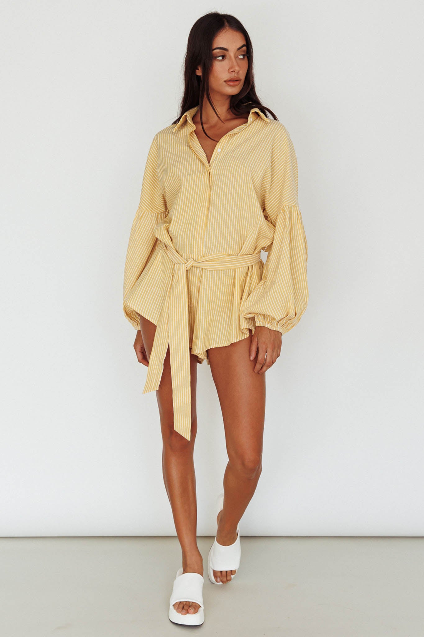 Talking Point Long Sleeve Shirt Romper Yellow Stripe by Selfie Leslie
