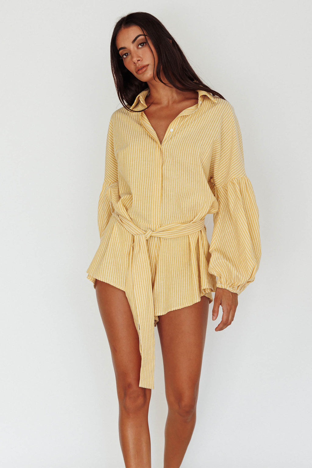 Talking Point Long Sleeve Shirt Romper Yellow Stripe by Selfie Leslie