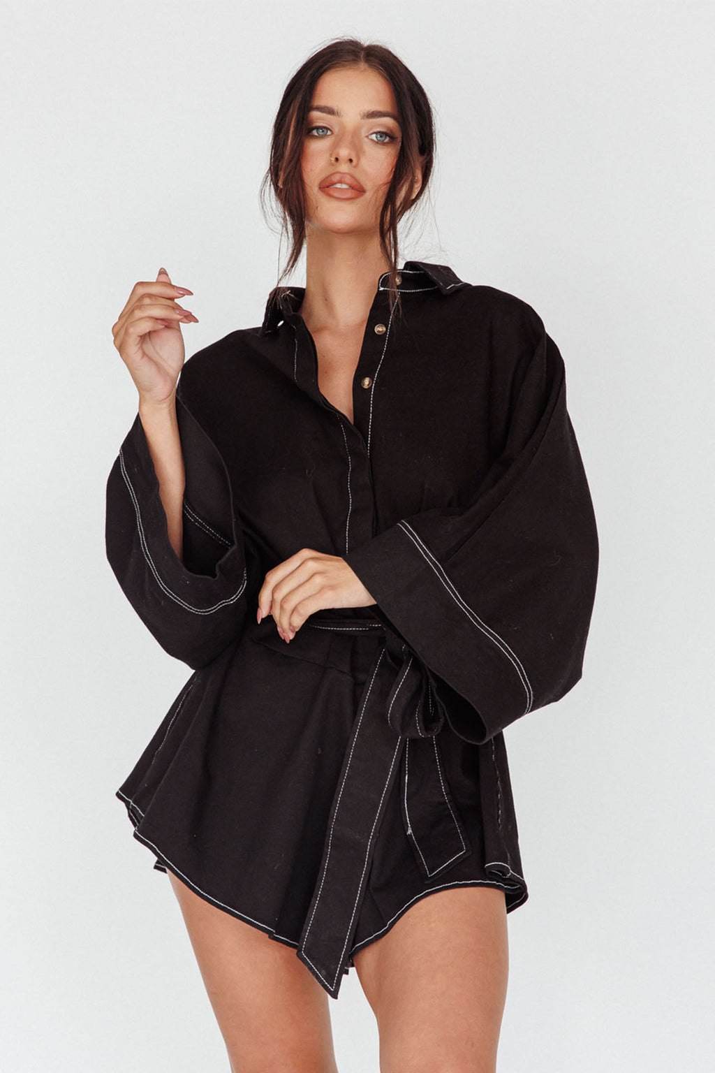 Talking Point Long Sleeve Shirt Romper Black by Selfie Leslie