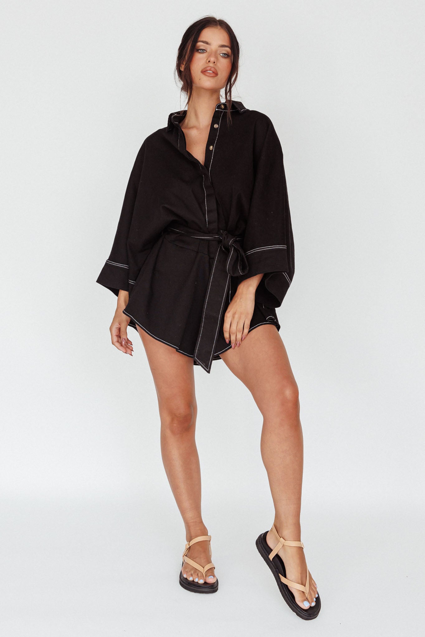Talking Point Long Sleeve Shirt Romper Black by Selfie Leslie