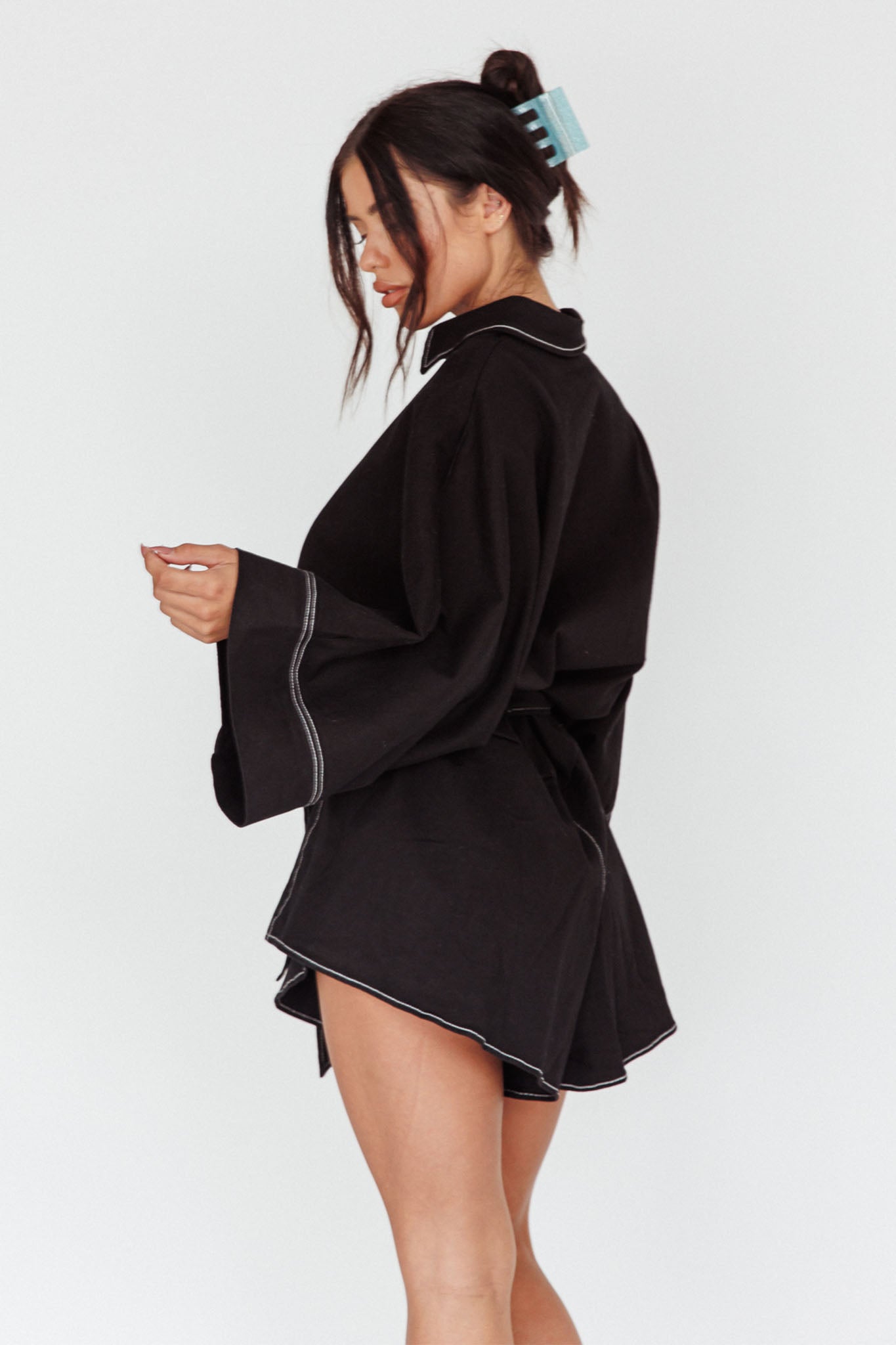 Talking Point Long Sleeve Shirt Romper Black by Selfie Leslie