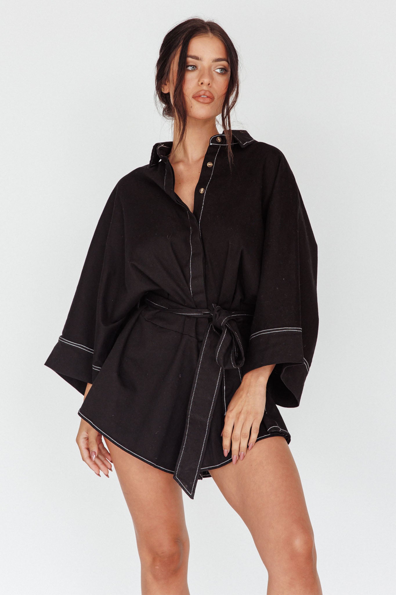 Talking Point Long Sleeve Shirt Romper Black by Selfie Leslie