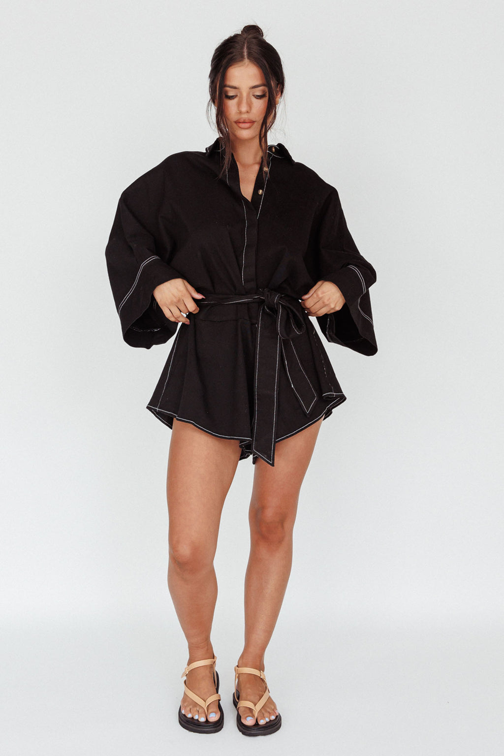 Talking Point Long Sleeve Shirt Romper Black by Selfie Leslie