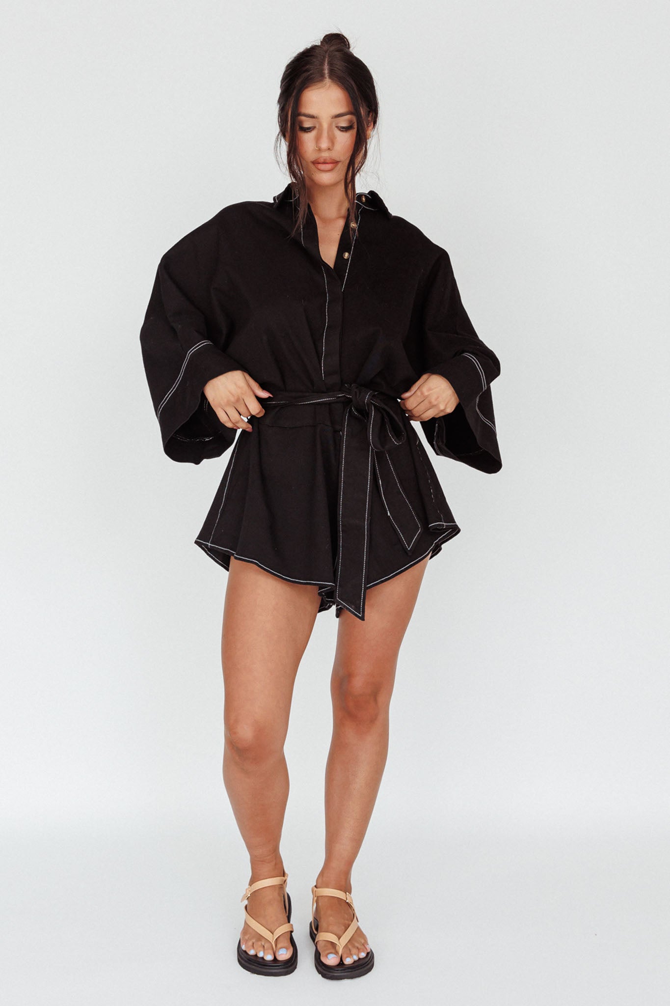 Talking Point Long Sleeve Shirt Romper Black by Selfie Leslie