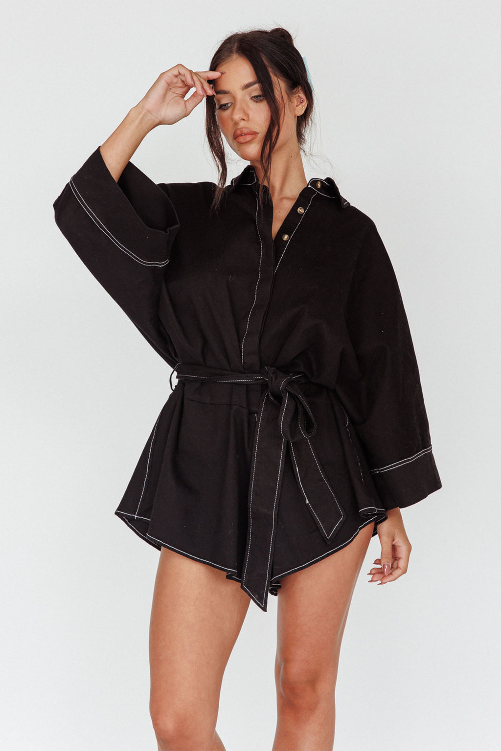 Talking Point Long Sleeve Shirt Romper Black by Selfie Leslie