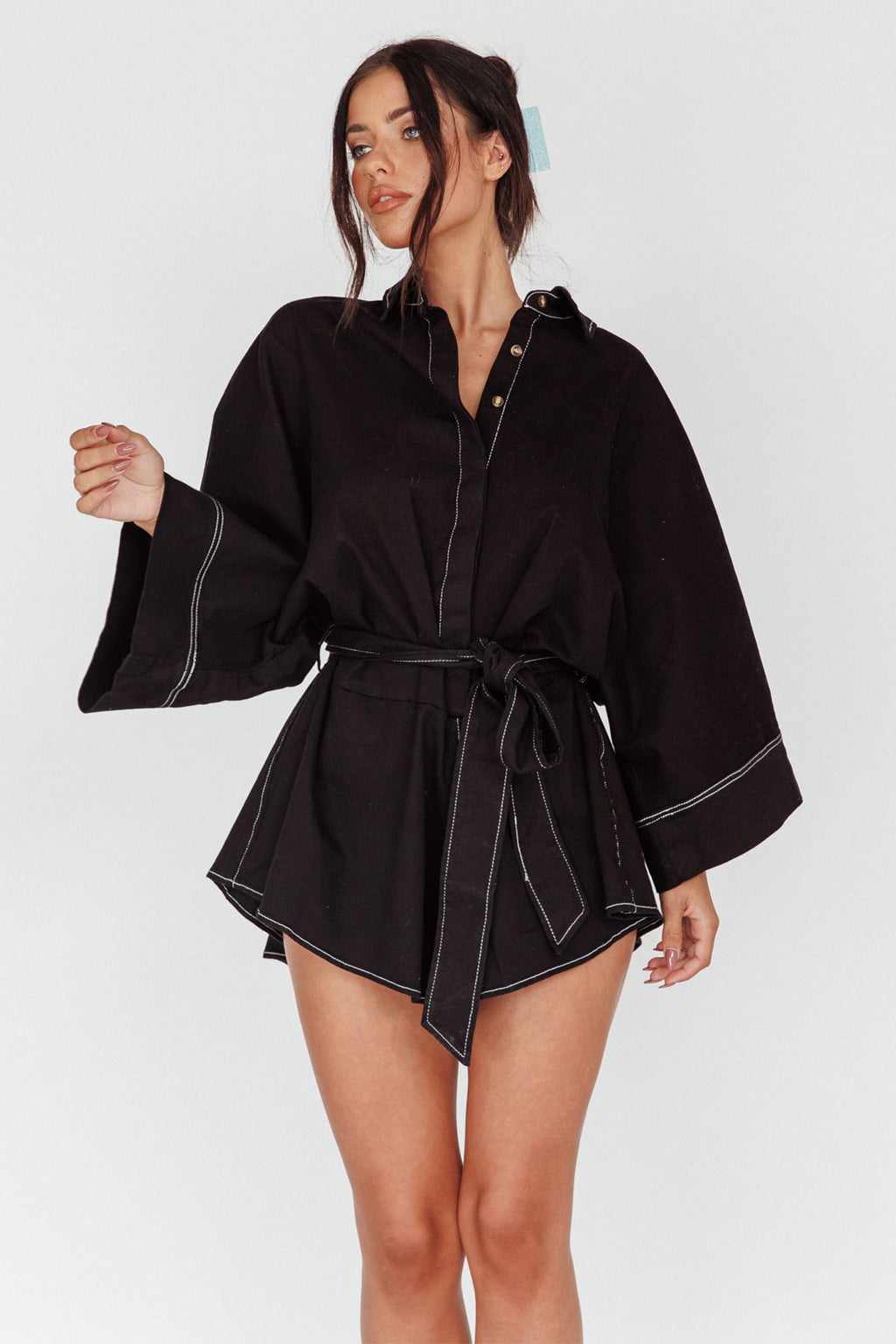 Talking Point Long Sleeve Shirt Romper Black by Selfie Leslie