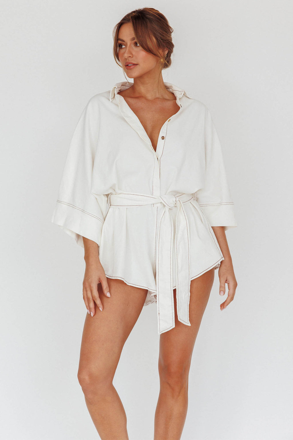 Talking Point Long Sleeve Shirt Romper White by Selfie Leslie