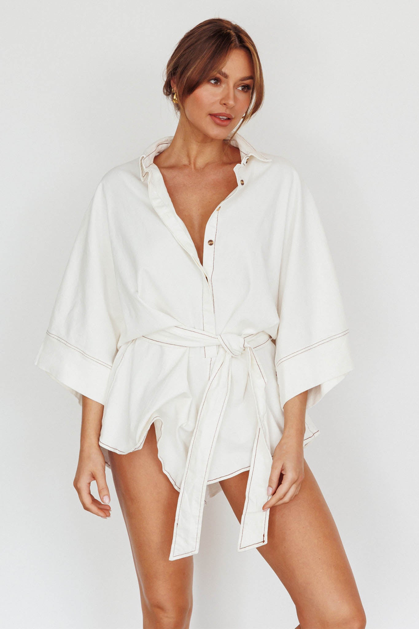 Talking Point Long Sleeve Shirt Romper White by Selfie Leslie