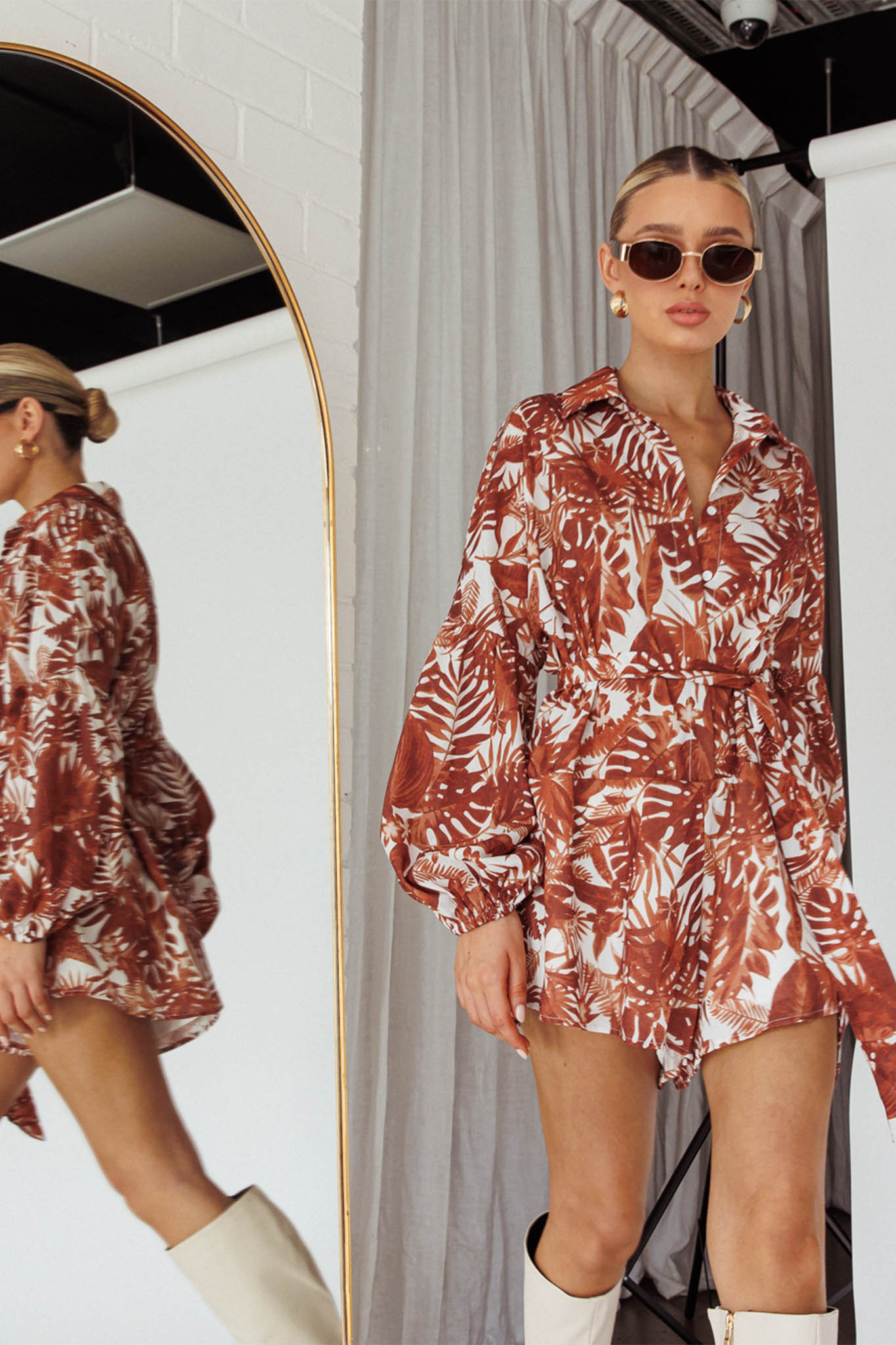 Talking Point Long Sleeve Shirt Romper Leaves Brown by Selfie Leslie