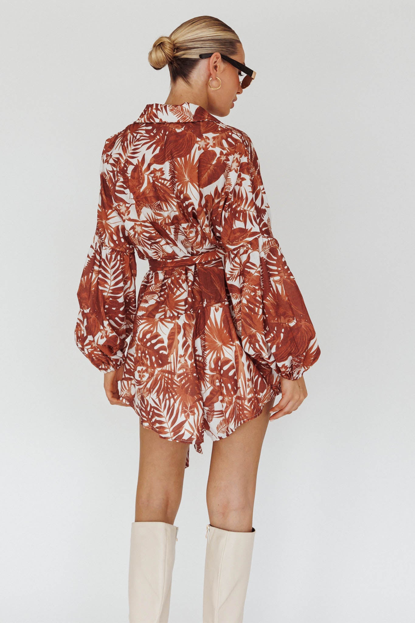 Talking Point Long Sleeve Shirt Romper Leaves Brown by Selfie Leslie