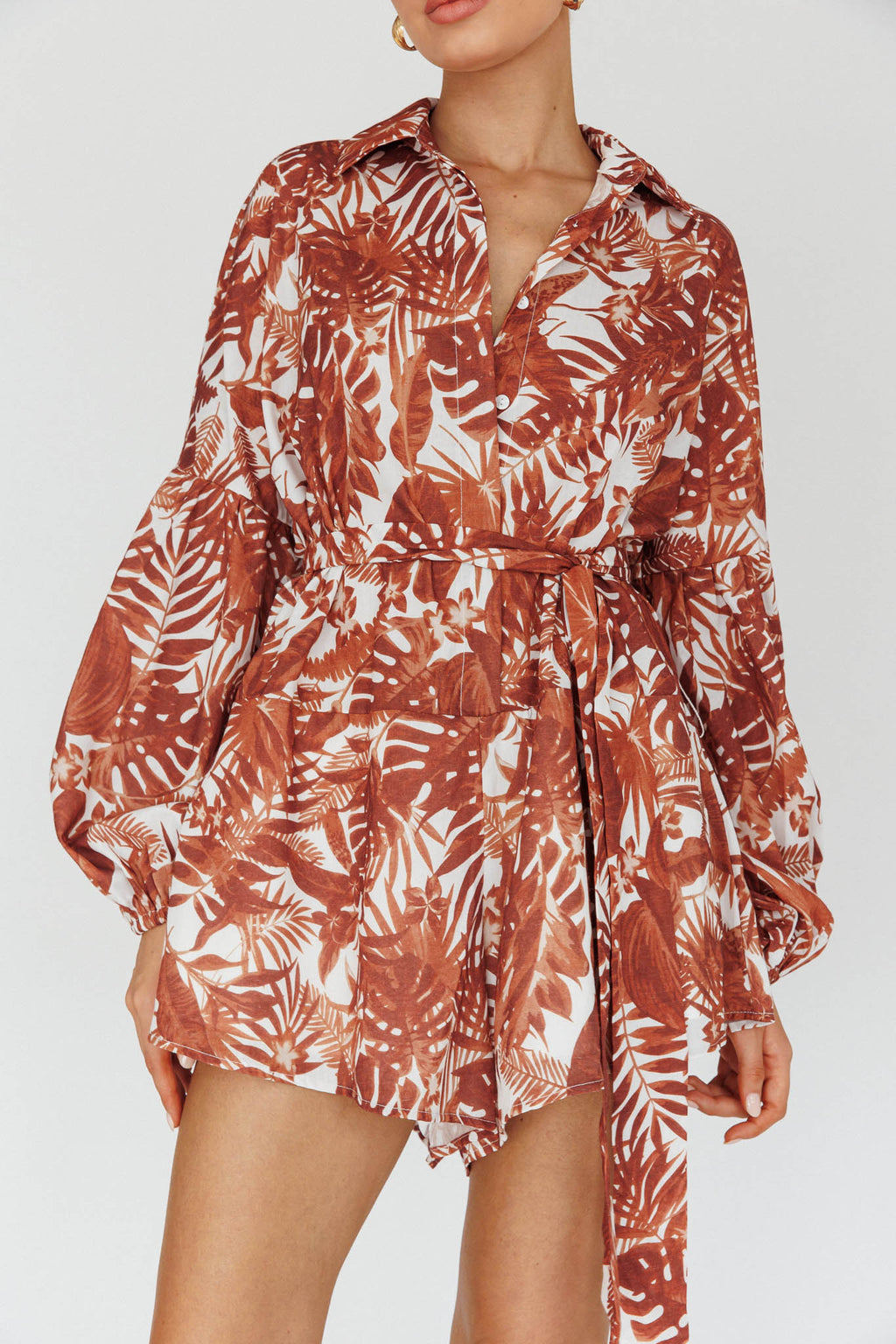 Talking Point Long Sleeve Shirt Romper Leaves Brown by Selfie Leslie