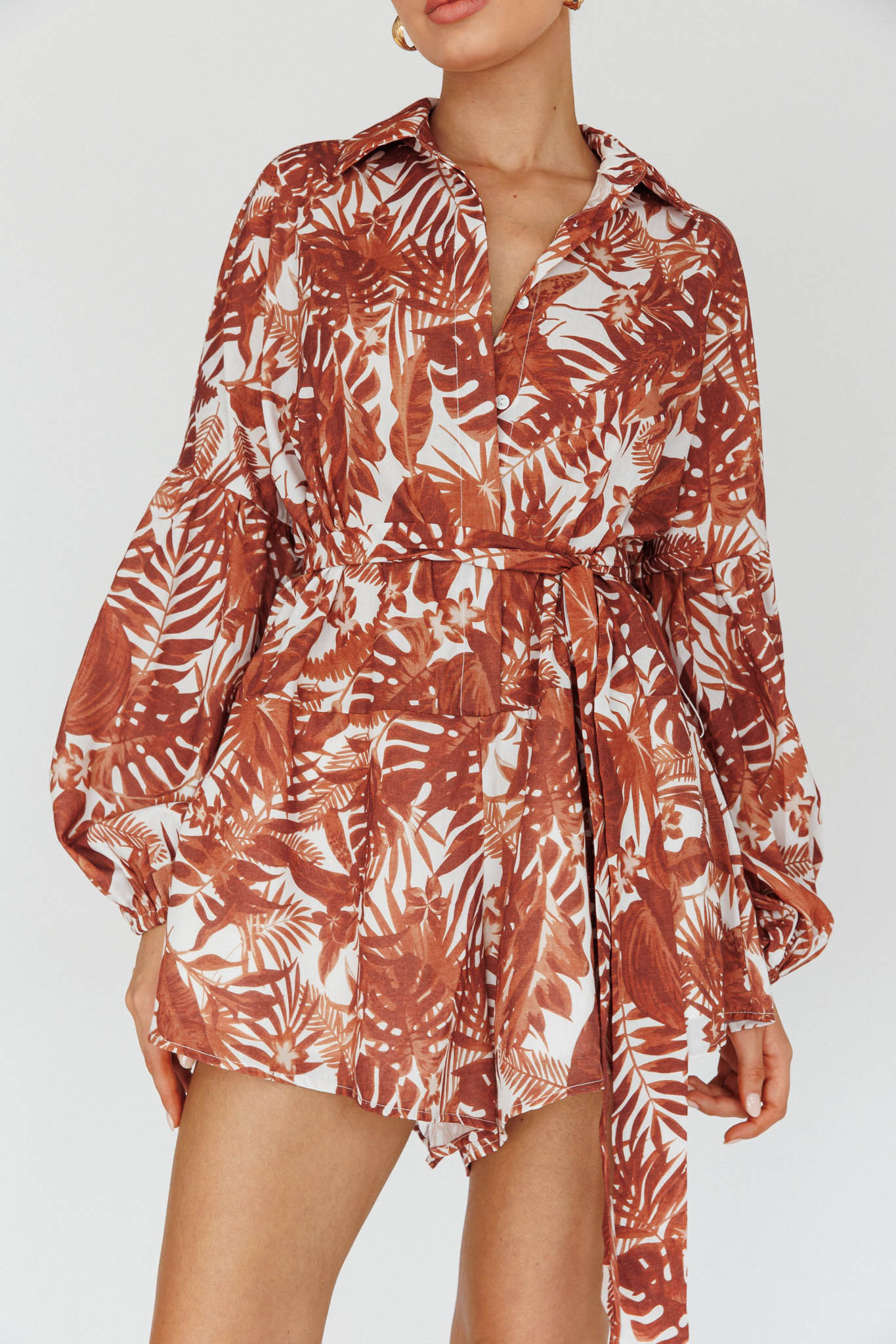 Talking Point Long Sleeve Shirt Romper Leaves Brown by Selfie Leslie