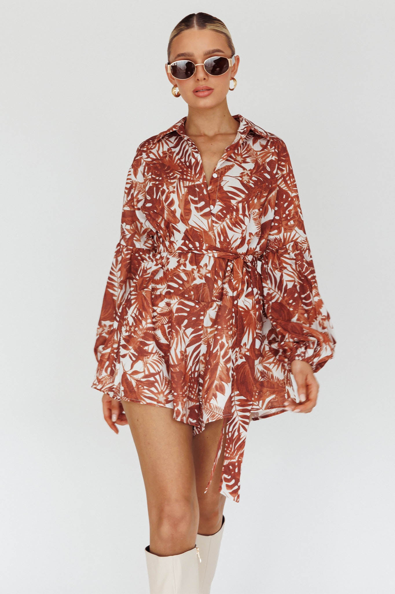 Talking Point Long Sleeve Shirt Romper Leaves Brown by Selfie Leslie