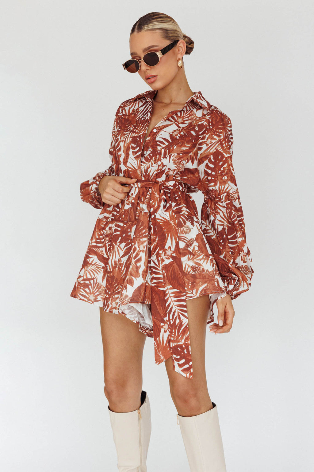 Talking Point Long Sleeve Shirt Romper Leaves Brown by Selfie Leslie
