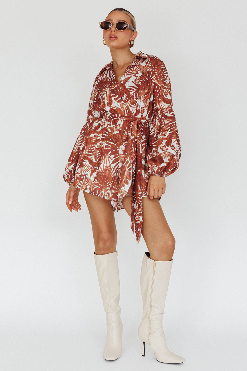 Talking Point Long Sleeve Shirt Romper Leaves Brown by Selfie Leslie