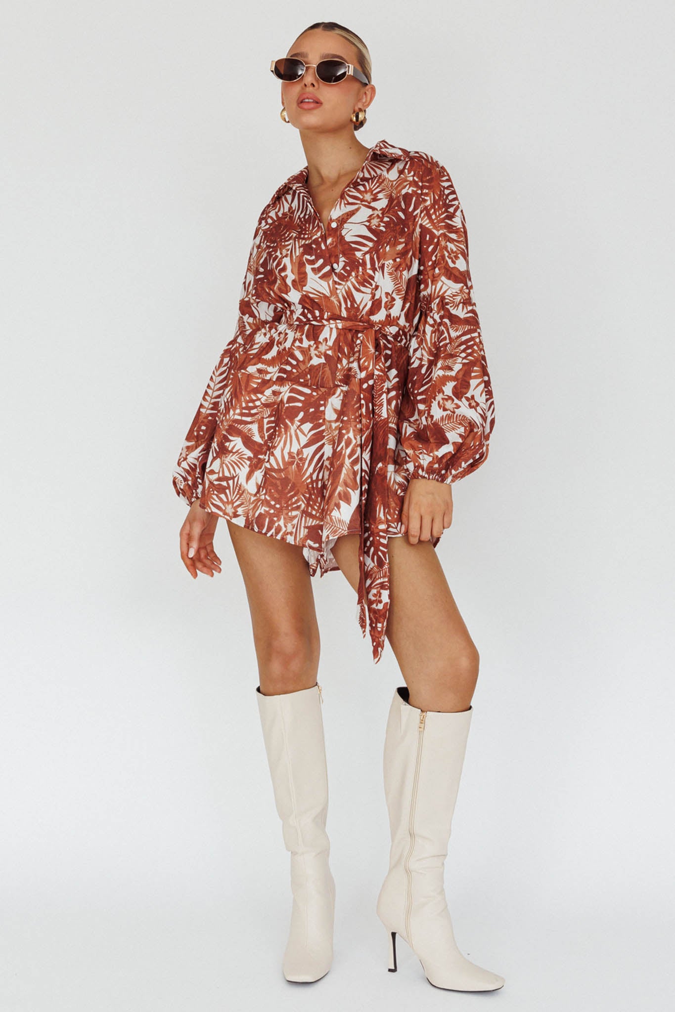Talking Point Long Sleeve Shirt Romper Leaves Brown by Selfie Leslie
