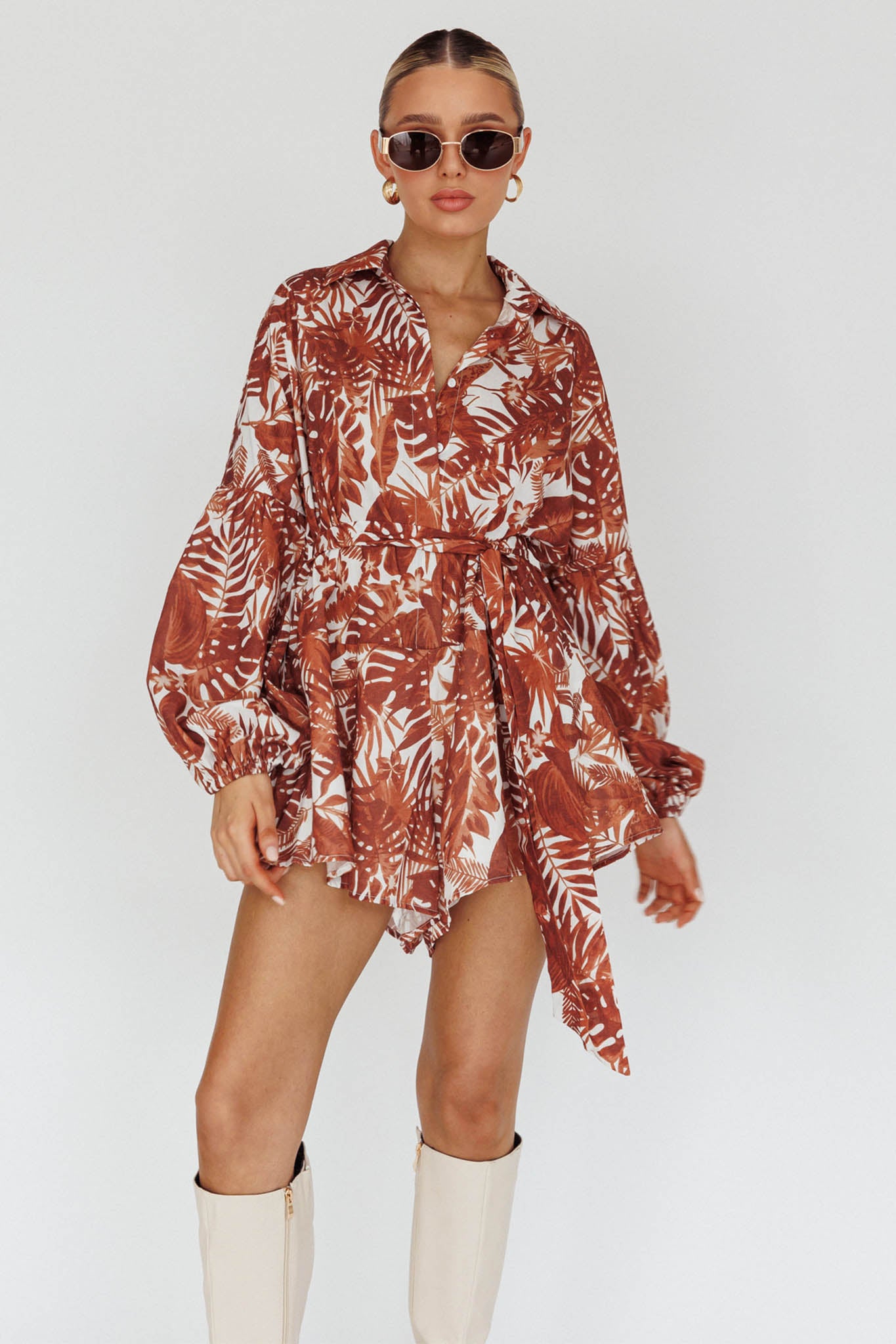 Talking Point Long Sleeve Shirt Romper Leaves Brown by Selfie Leslie