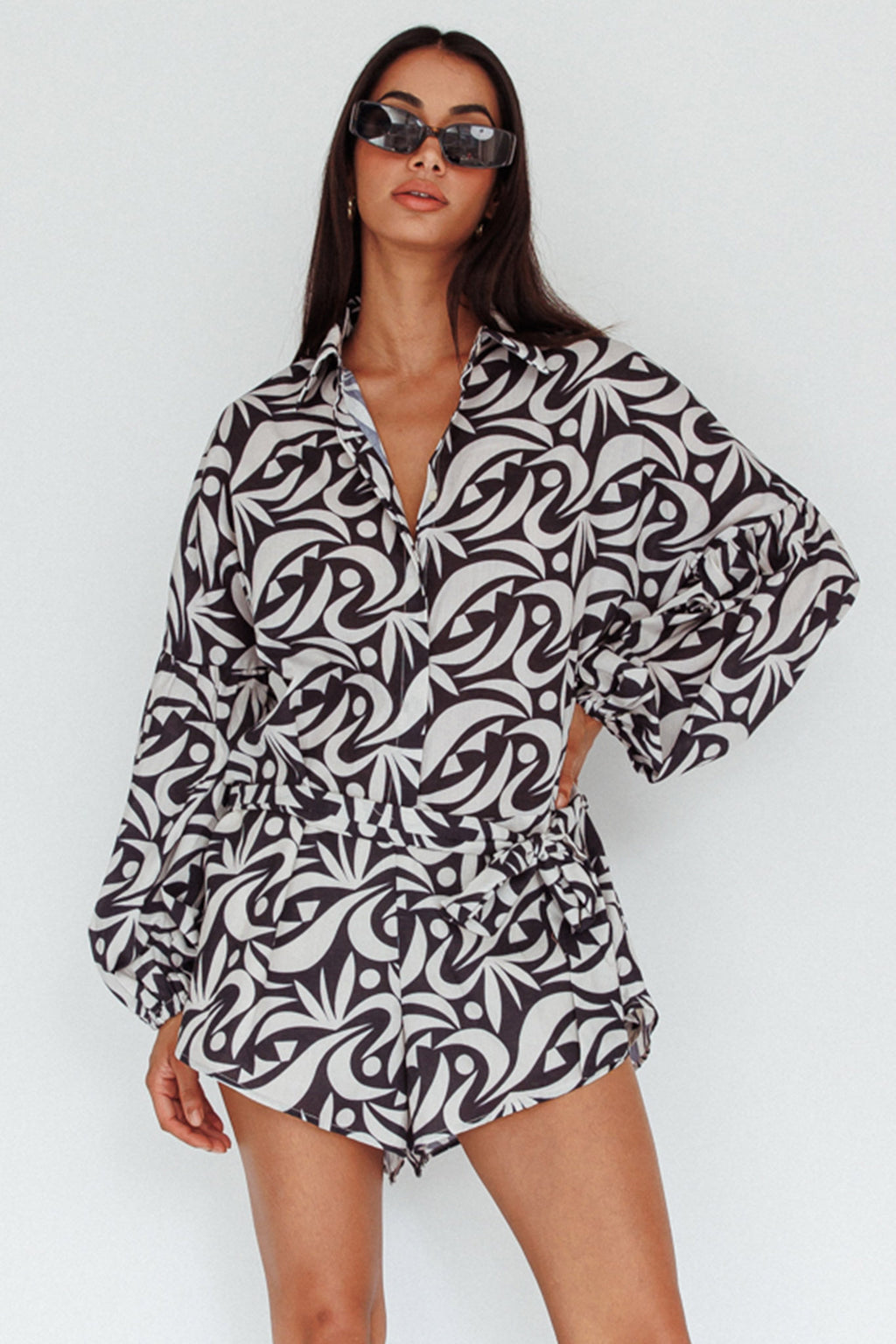 Daytona Beach Long Sleeve Shirt Romper Print Black by Selfie Leslie