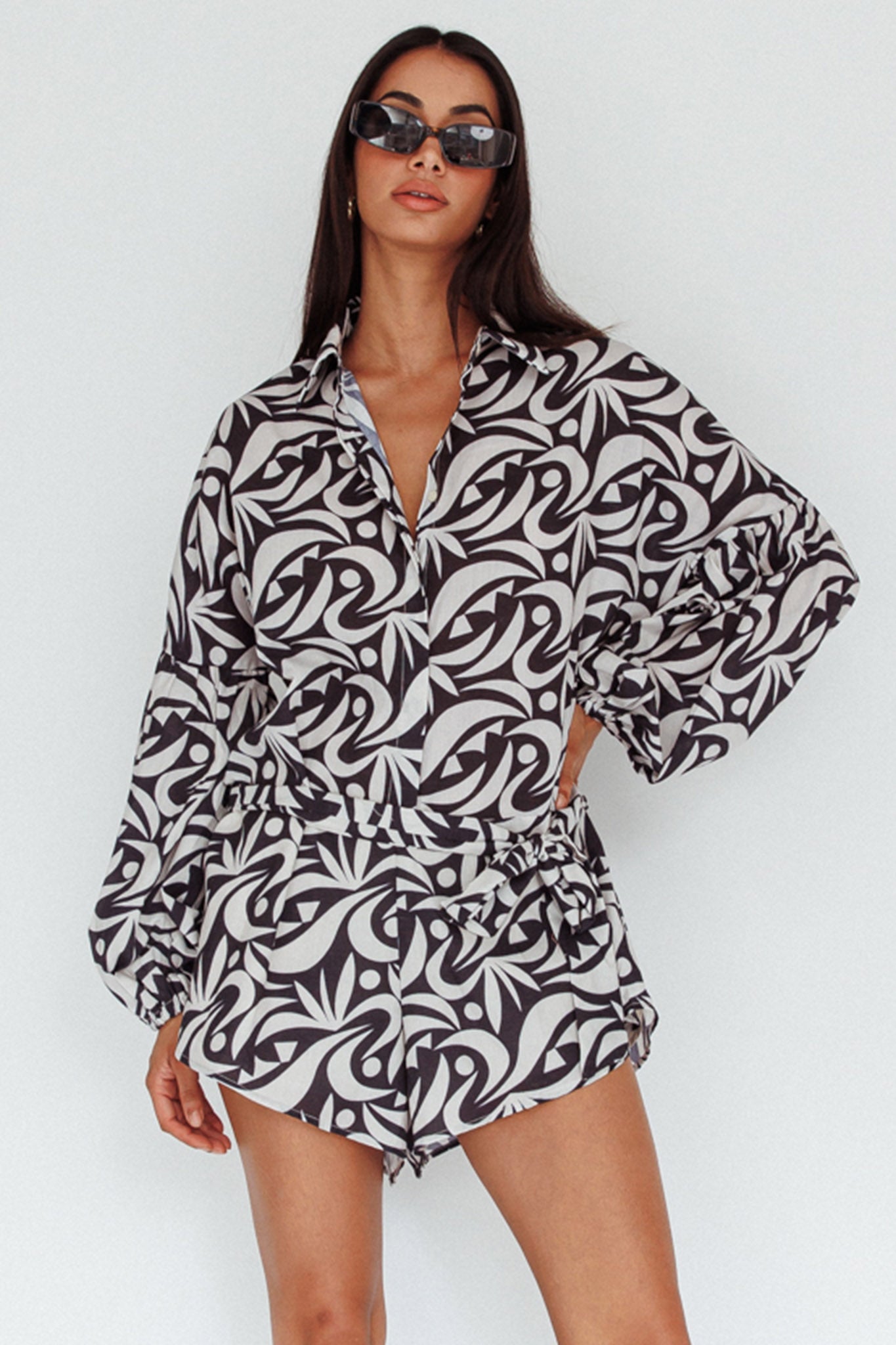 Daytona Beach Long Sleeve Shirt Romper Print Black by Selfie Leslie