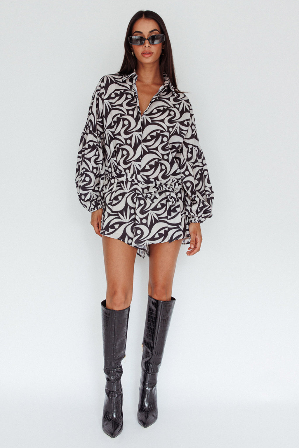 Daytona Beach Long Sleeve Shirt Romper Print Black by Selfie Leslie