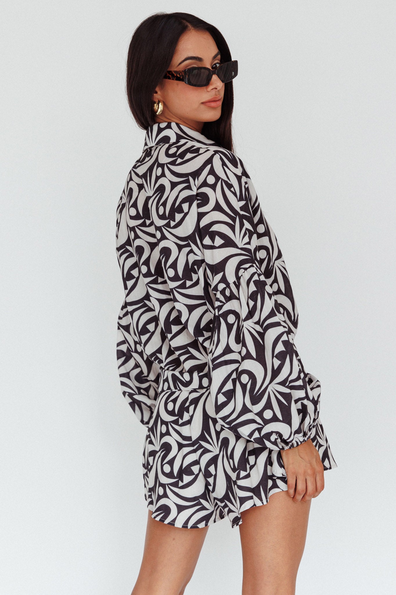 Daytona Beach Long Sleeve Shirt Romper Print Black by Selfie Leslie
