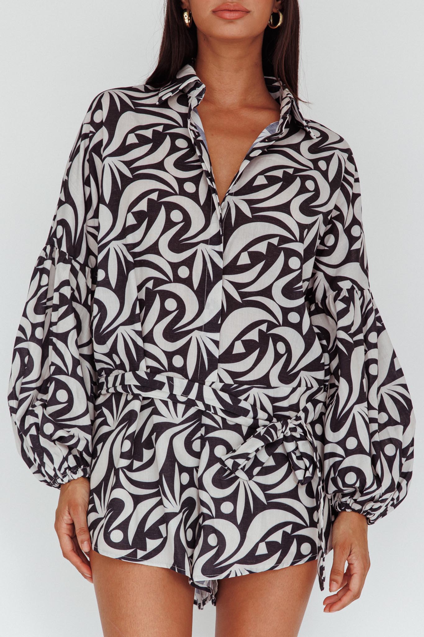 Daytona Beach Long Sleeve Shirt Romper Print Black by Selfie Leslie