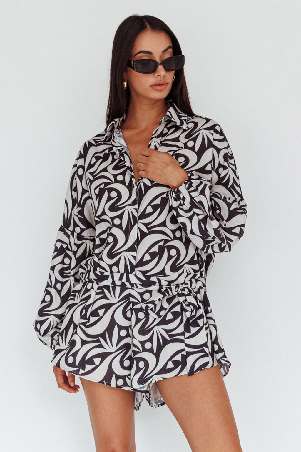 Daytona Beach Long Sleeve Shirt Romper Print Black by Selfie Leslie