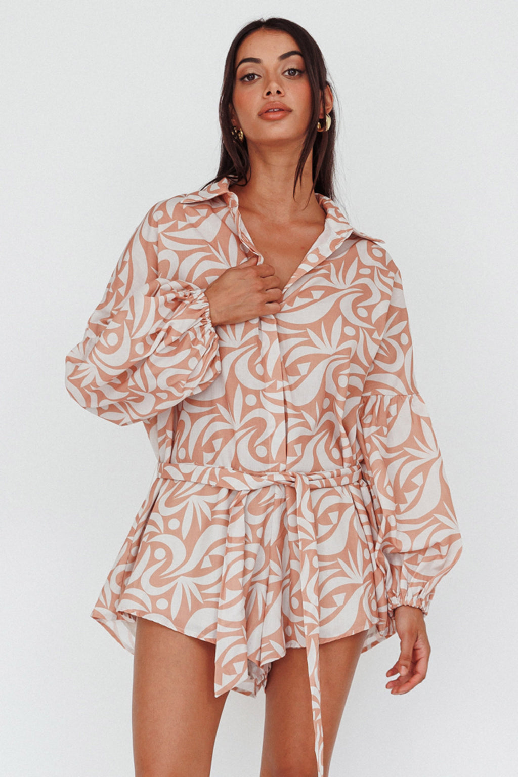 Daytona Beach Long Sleeve Shirt Romper Print Peach by Selfie Leslie