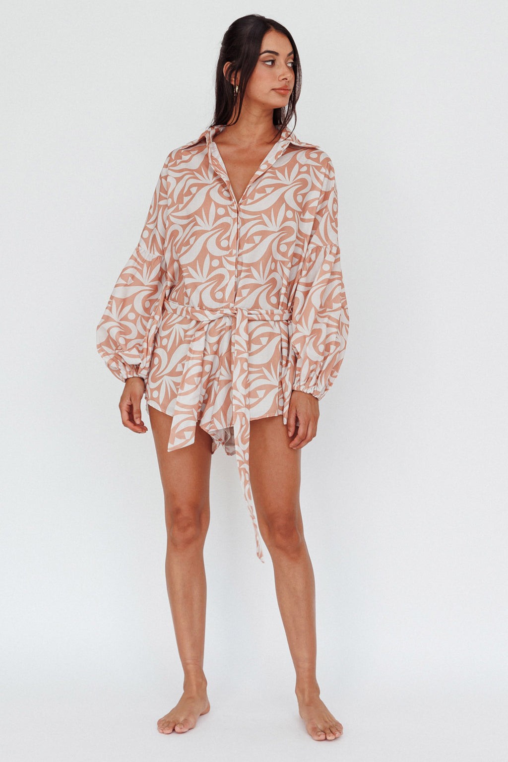 Daytona Beach Long Sleeve Shirt Romper Print Peach by Selfie Leslie