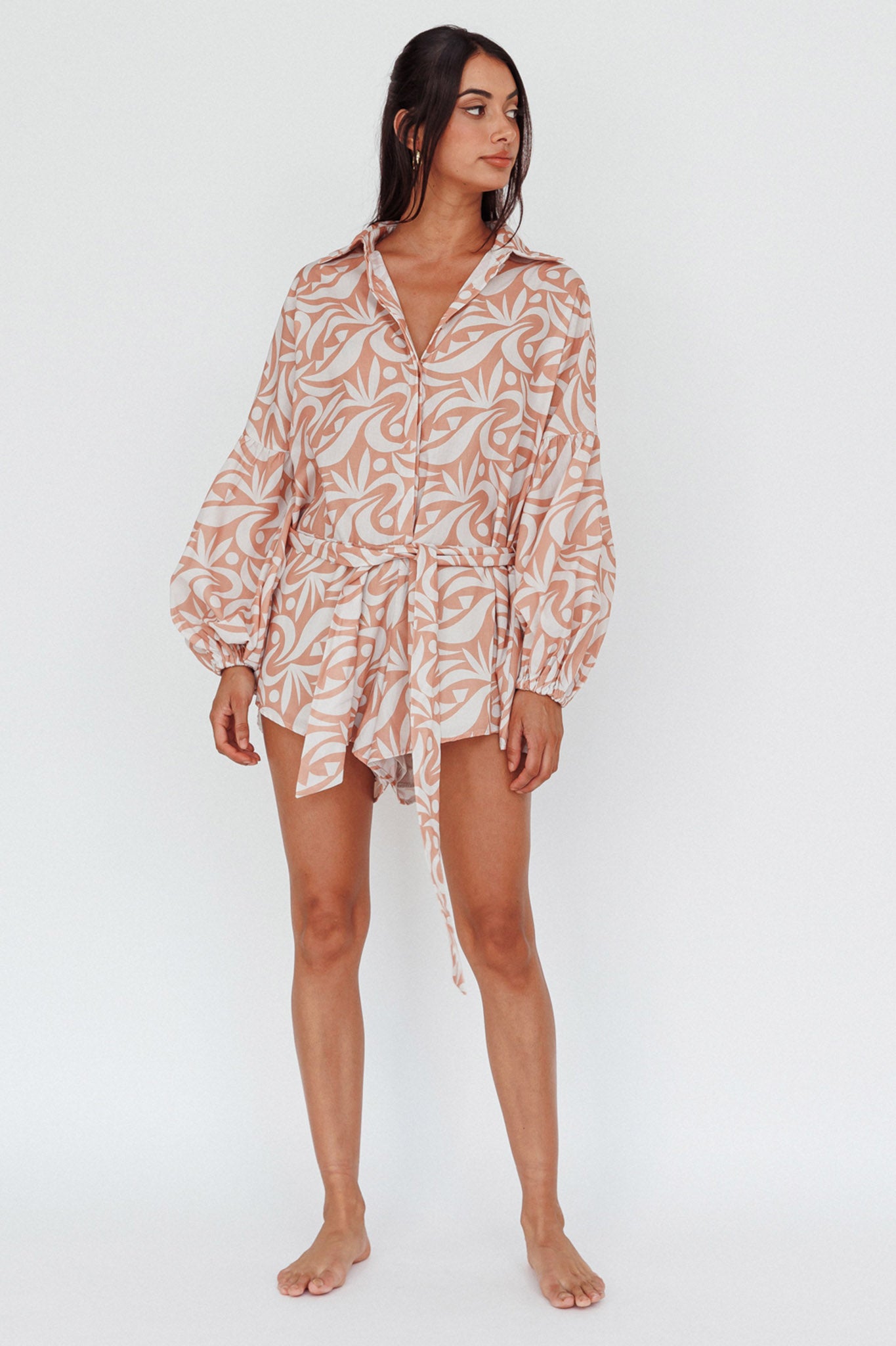 Daytona Beach Long Sleeve Shirt Romper Print Peach by Selfie Leslie