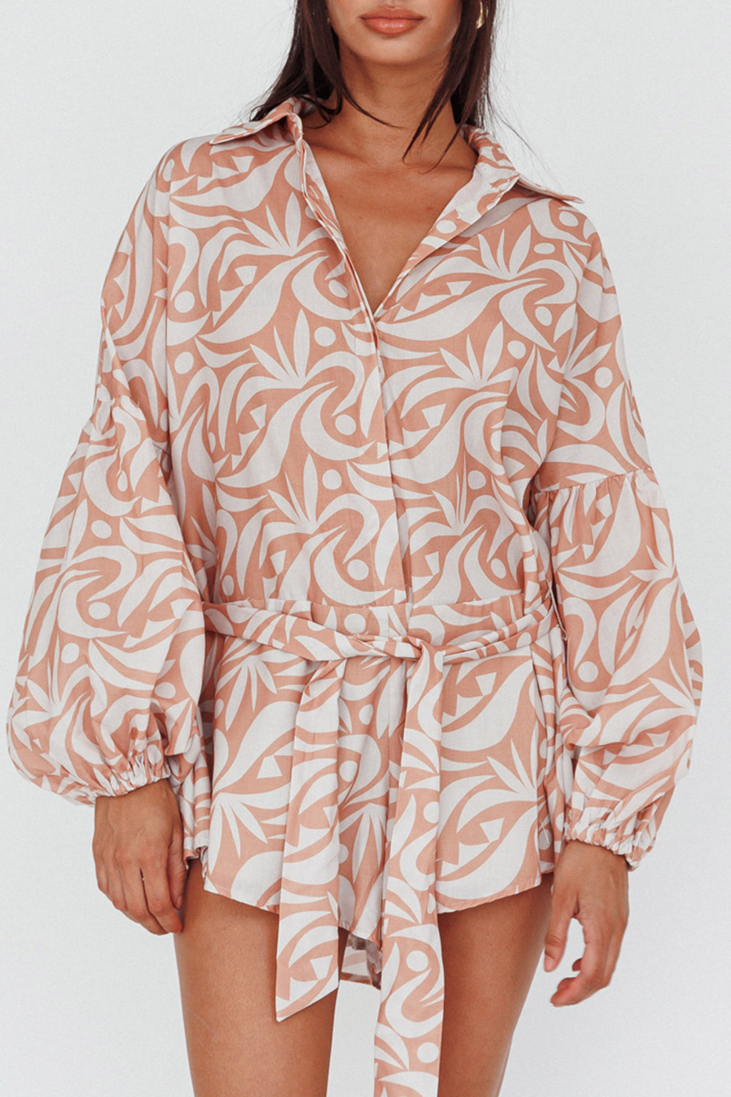 Daytona Beach Long Sleeve Shirt Romper Print Peach by Selfie Leslie