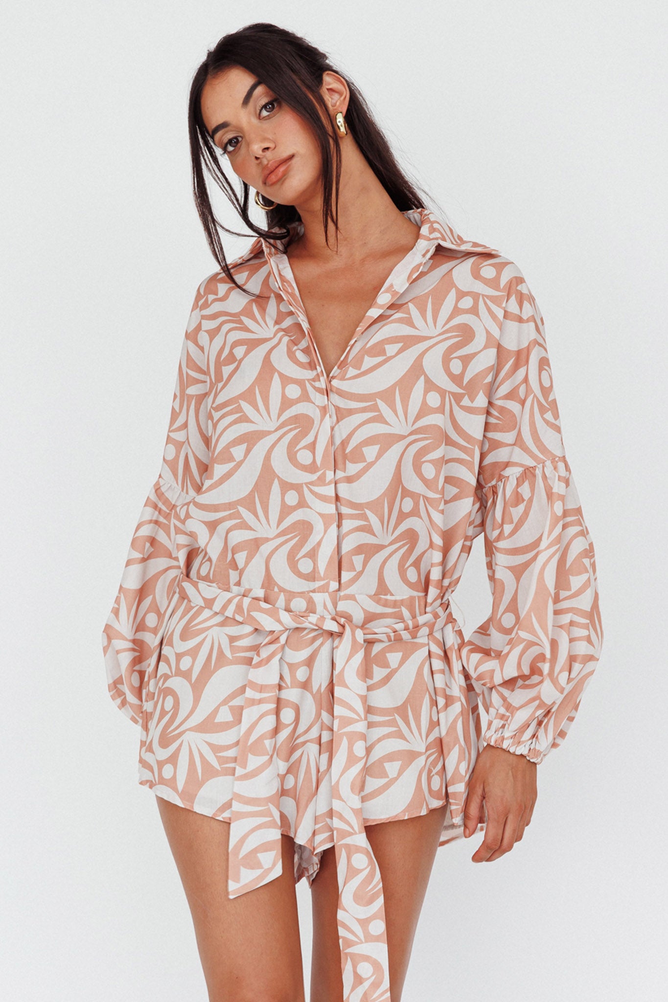 Daytona Beach Long Sleeve Shirt Romper Print Peach by Selfie Leslie