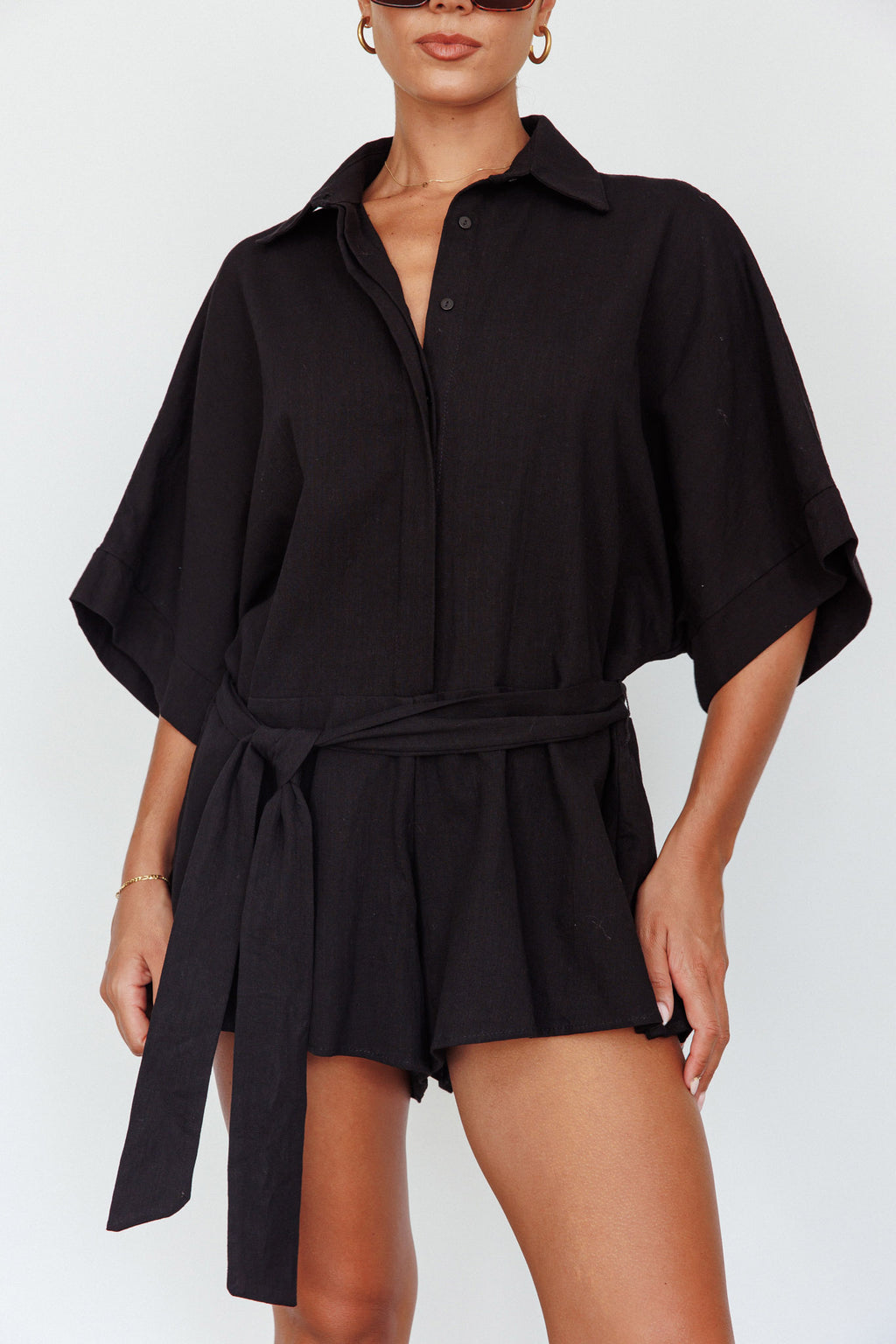 Daytona Beach Button-Up Romper Black by Selfie Leslie