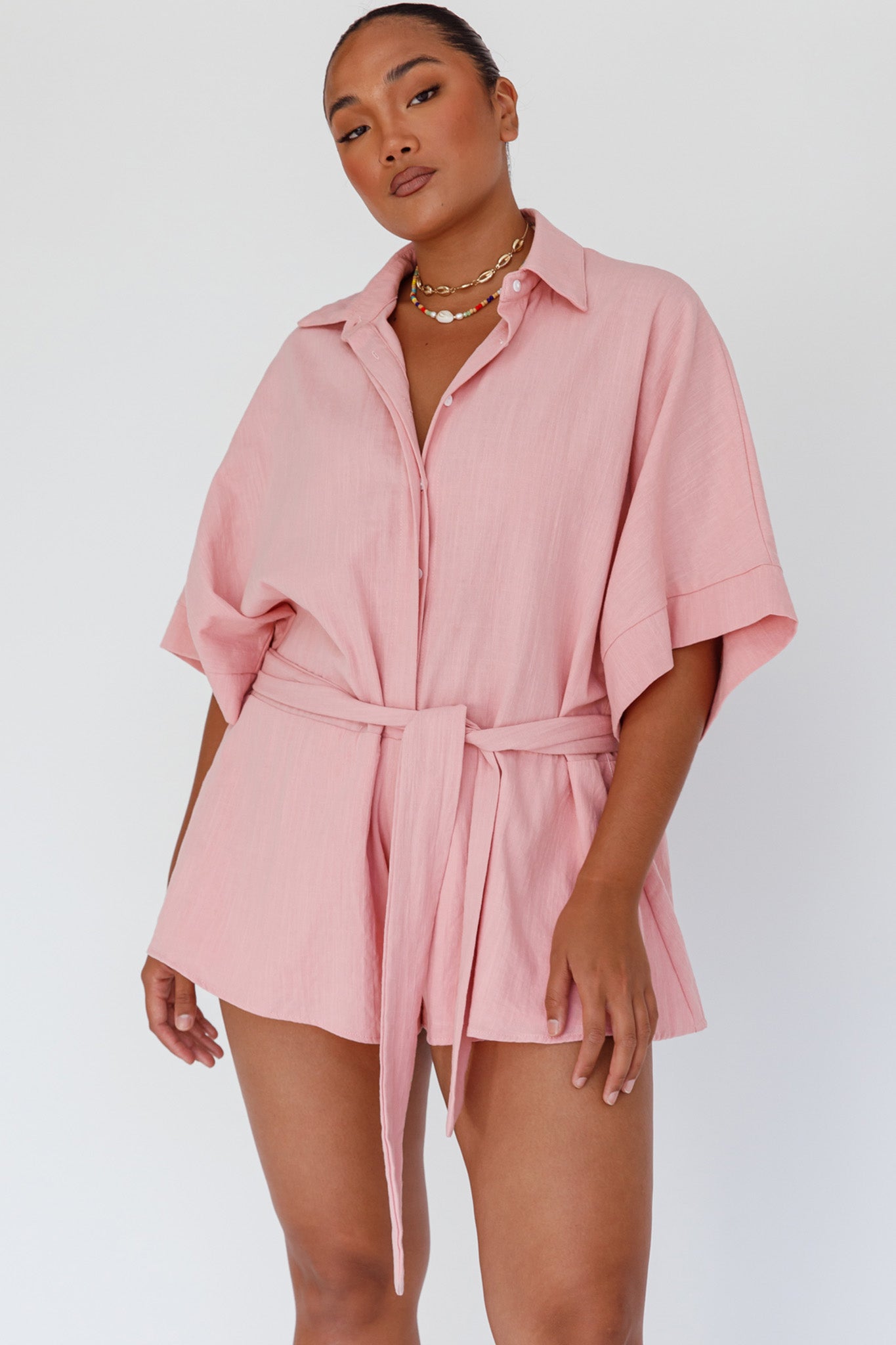 Daytona Beach Button-Up Romper Pink by Selfie Leslie