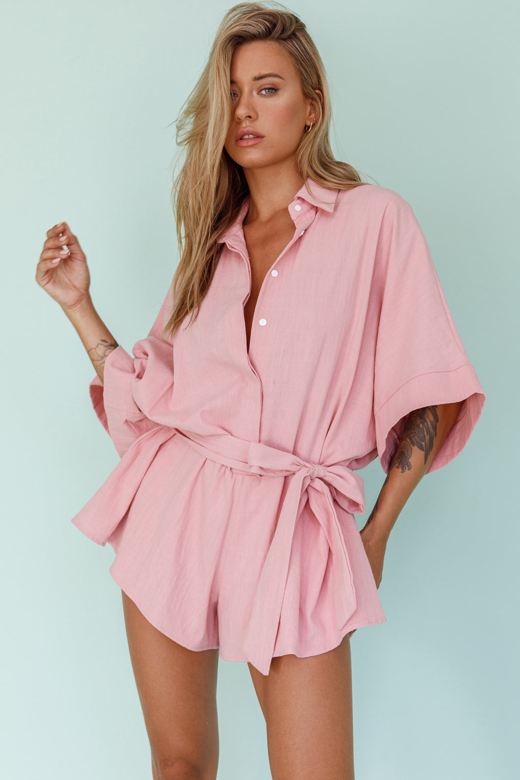Daytona Beach Button-Up Romper Pink by Selfie Leslie