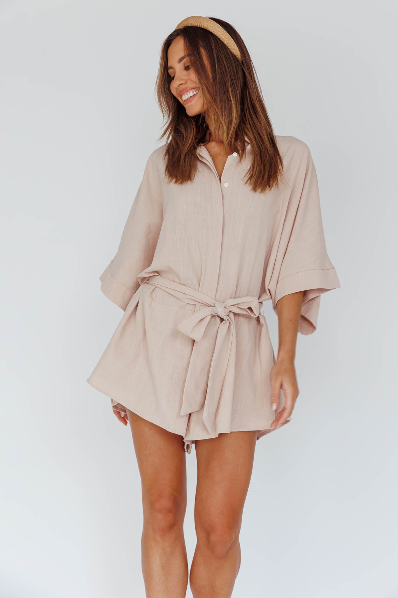 Daytona Beach Button-Up Romper Sand by Selfie Leslie