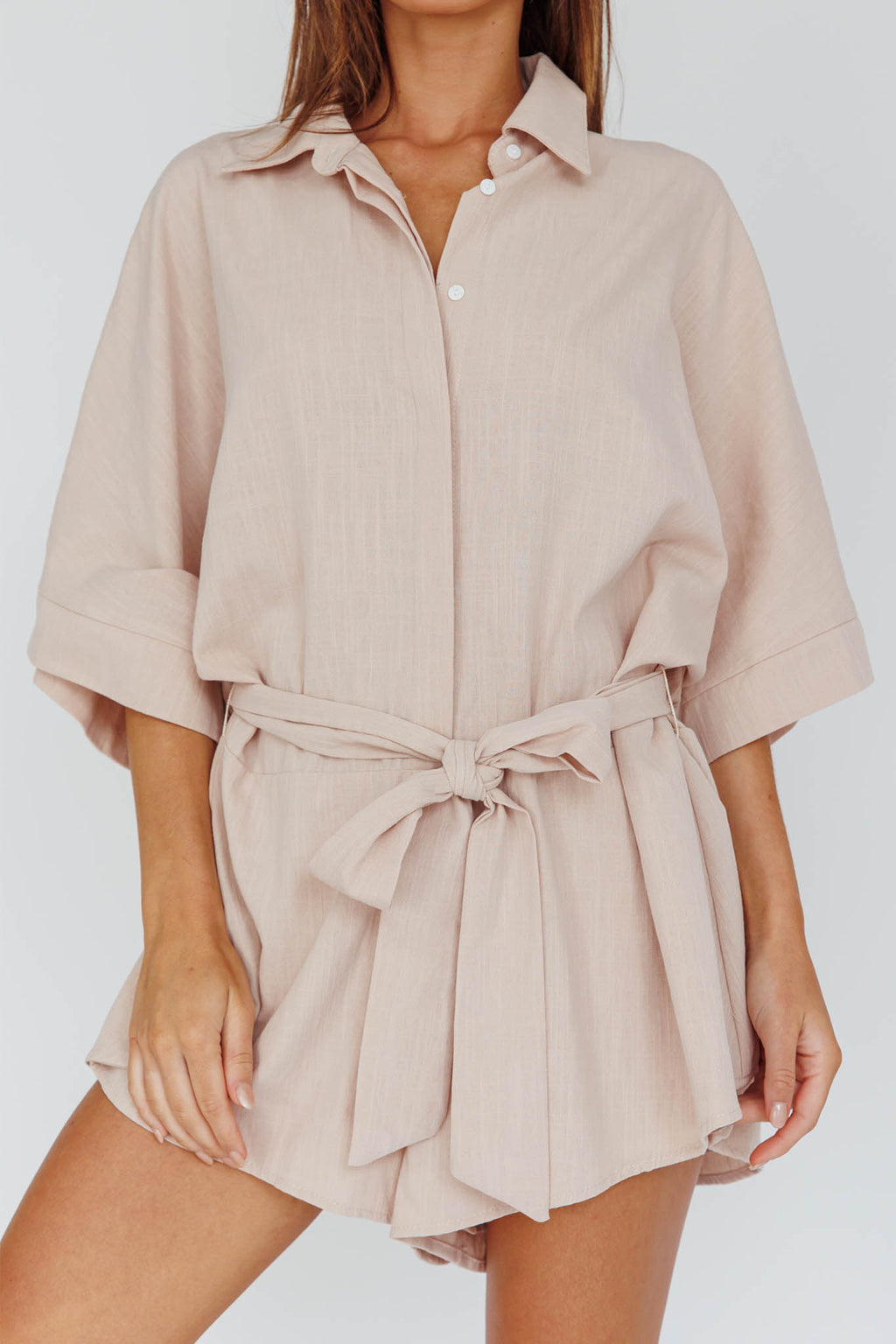 Daytona Beach Button-Up Romper Sand by Selfie Leslie